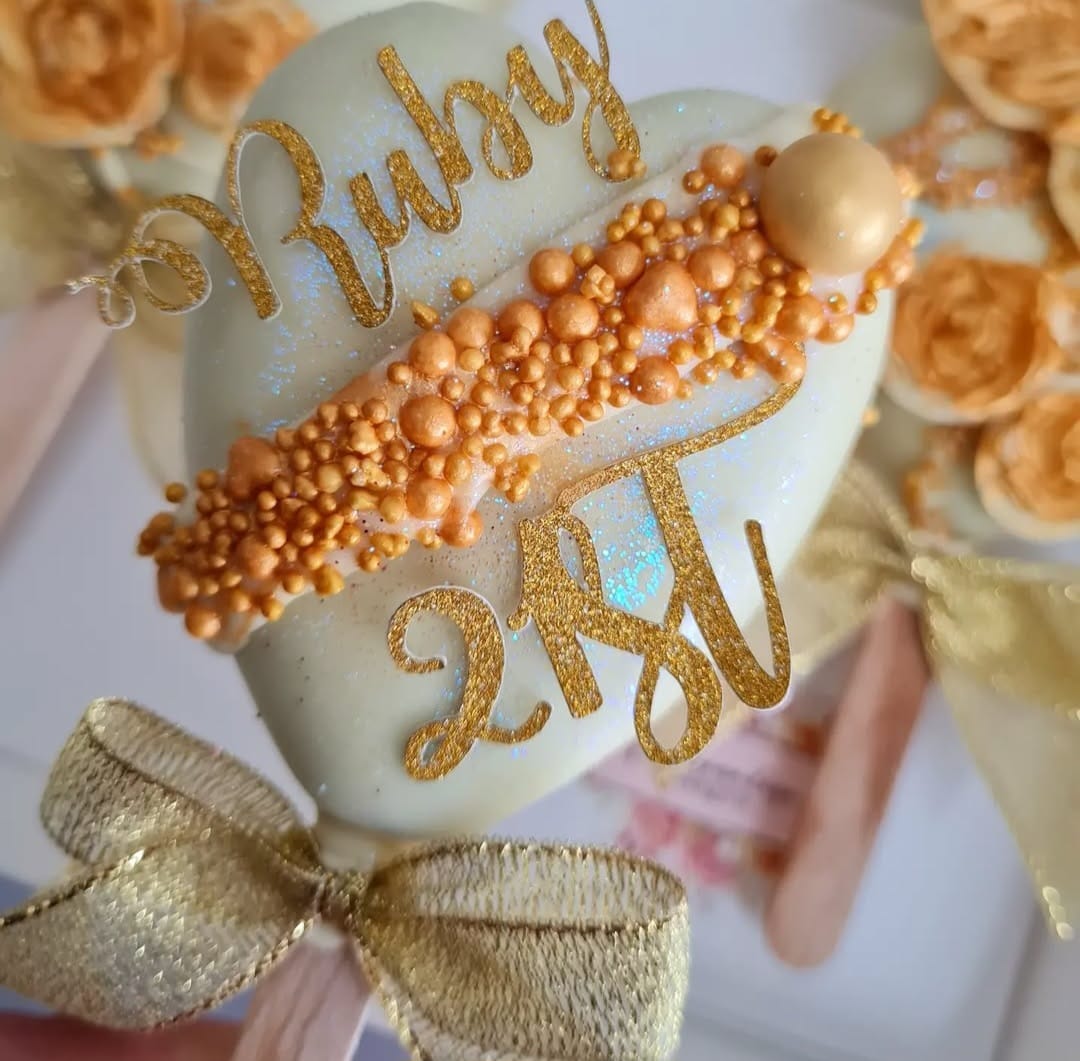 Bespoke 21st birthday white chocolate heart cake with gold pearl cascade and glitter lettering