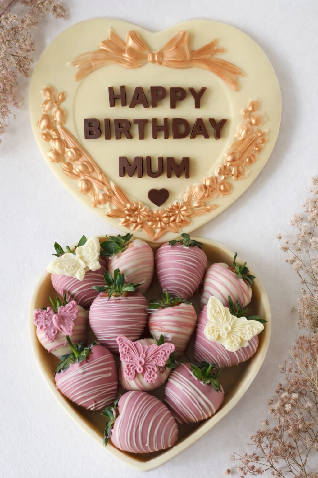 Happy Birthday Mum white chocolate heart box with pink chocolate-dipped strawberries