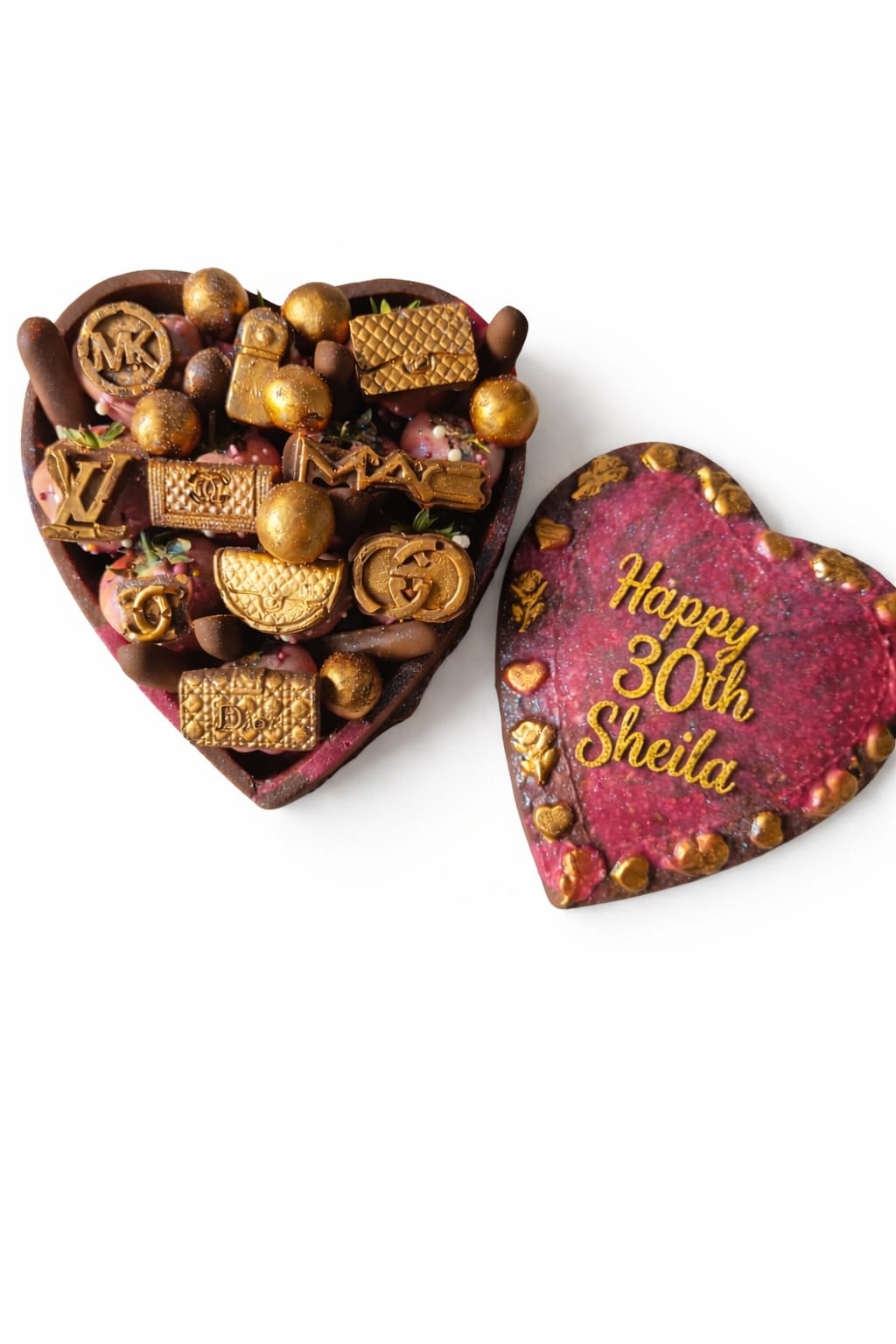 Personalised 30th birthday heart chocolate box with fashion-themed decorations