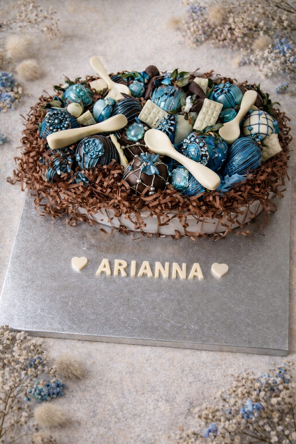 Personalised blue chocolate strawberry basket with custom name decoration